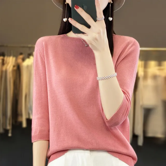 Front Line Ready made Garments Worsted Sweater Half Sleeve Round Neck Pure Color All matching Loose T shirt Pink - Shop at LoveMi