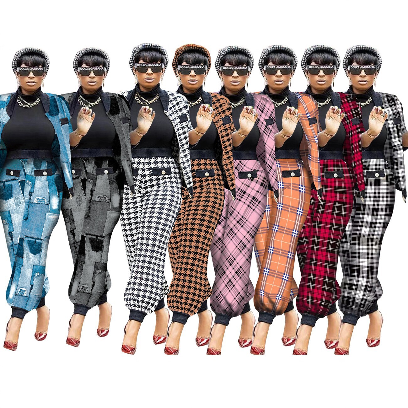 Houndstooth-print Button-up Jacket And Trousers Two-piece Set