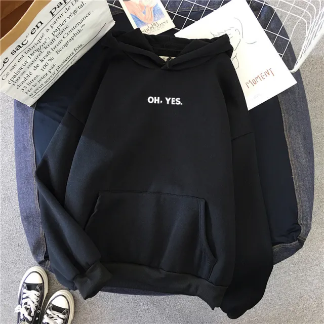 Women's Simple And Loose Oh Yes Printed Hooded Sweatshirt Black - Shop at LoveMi