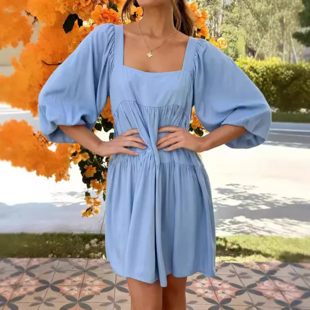 Pullover Square Collar Puff Sleeve Solid Color Backless Dress Children Light Blue - Shop at LoveMi