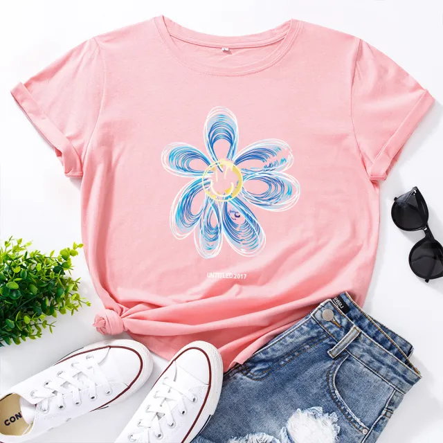 European And American Cotton Loose Round Neck Creative Flower Short Sleeve Deep Pink - Shop at LoveMi