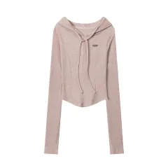 Hooded Tight Long Sleeve Ribbon Spring And Autumn Tops - Pink - View 1