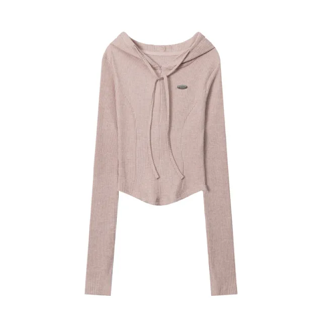 Hooded Tight Long Sleeve Ribbon Spring And Autumn Tops Pink - Shop at LoveMi