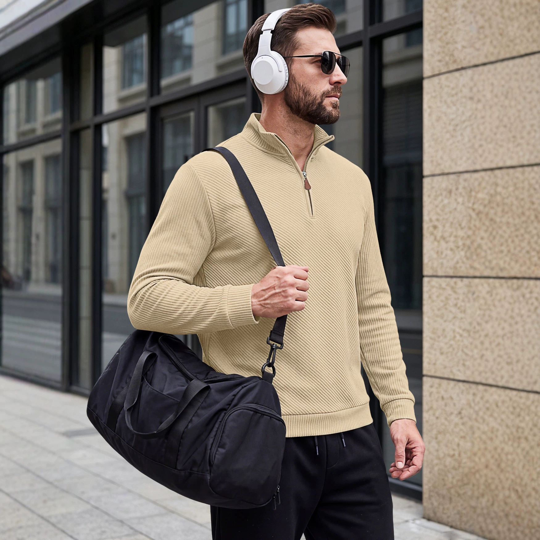 Mens Half-Zip Stand-Neck Long-Sleeve Top Plus-Size Casual Sweatshirt