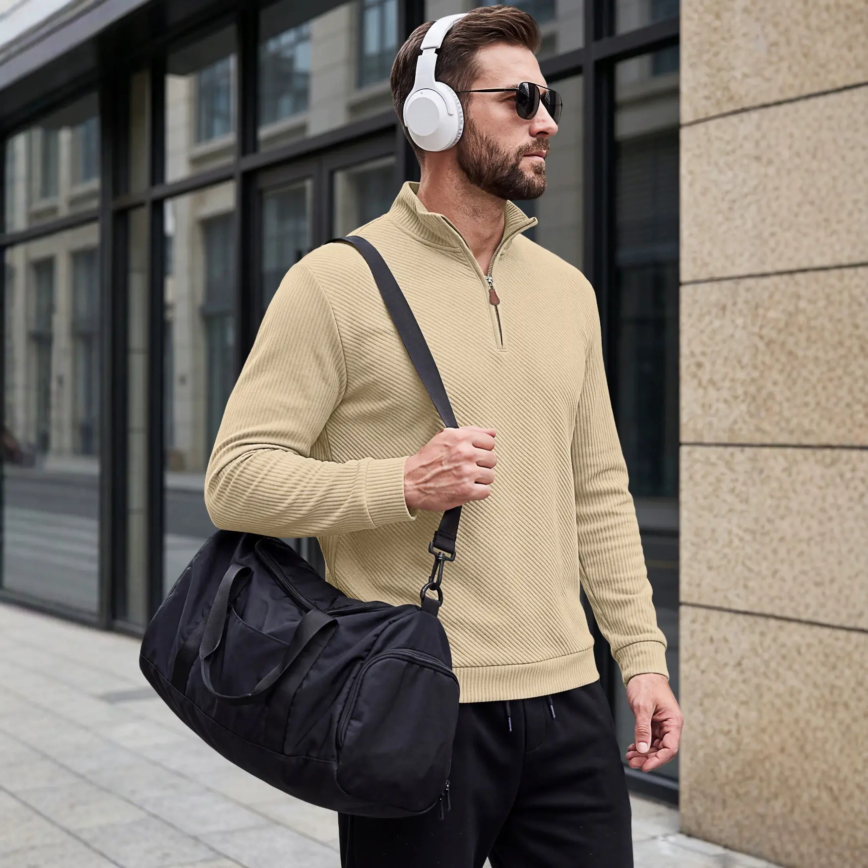 Mens Half-Zip Stand-Neck Long-Sleeve Top Plus-Size Casual