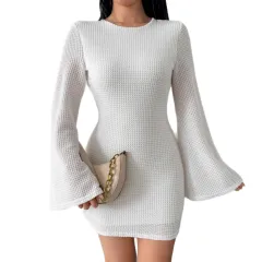 Autumn And Winter Solid Color Tight Waist High-grade Long Sleeve Dress - White - View 1
