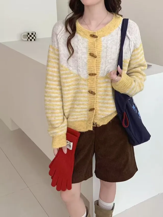 Autumn And Winter Striped Loose And Lazy Style Knitted Cardigan Yellow - Shop at LoveMi