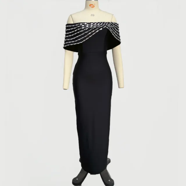 Off shoulder Handmade Diamond Strip Dress Evening Dress Black - Shop at LoveMi