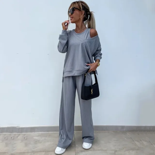 Women's Solid Color Vest Inner Match Long sleeved V neck Top Casual Pants Three piece Set Gray - Shop at LoveMi