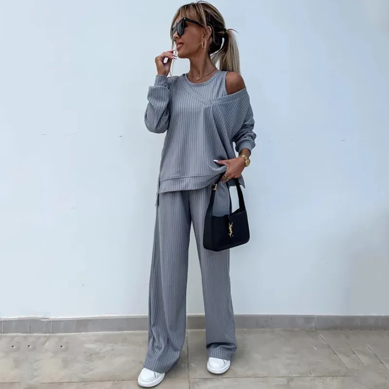 Women's Solid Color Vest Inner Match Long-sleeved V-neck Top Casual Pants Three-piece Set - Gray