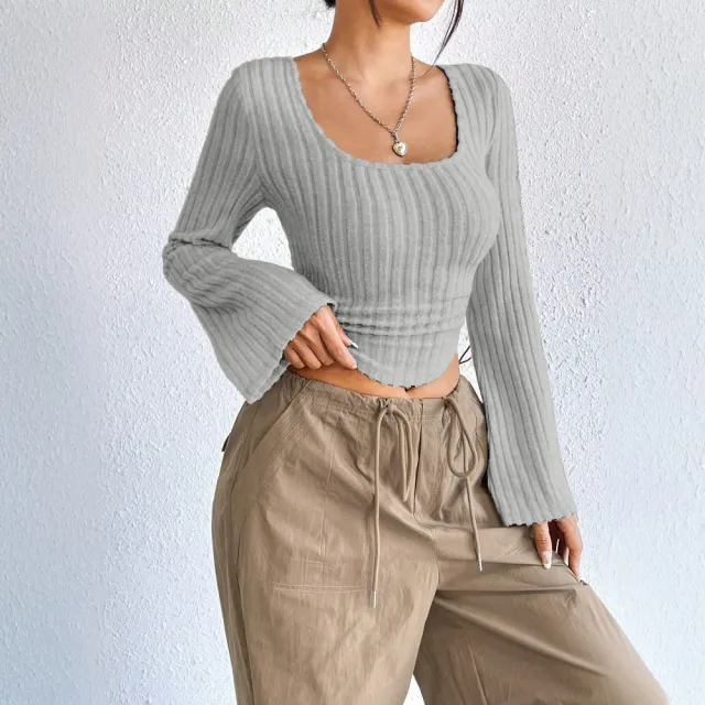 Autumn And Winter New Women's Fashion Elegant Style T shirt Square Neck Bell Long Sleeve Top Gray - Shop at LoveMi