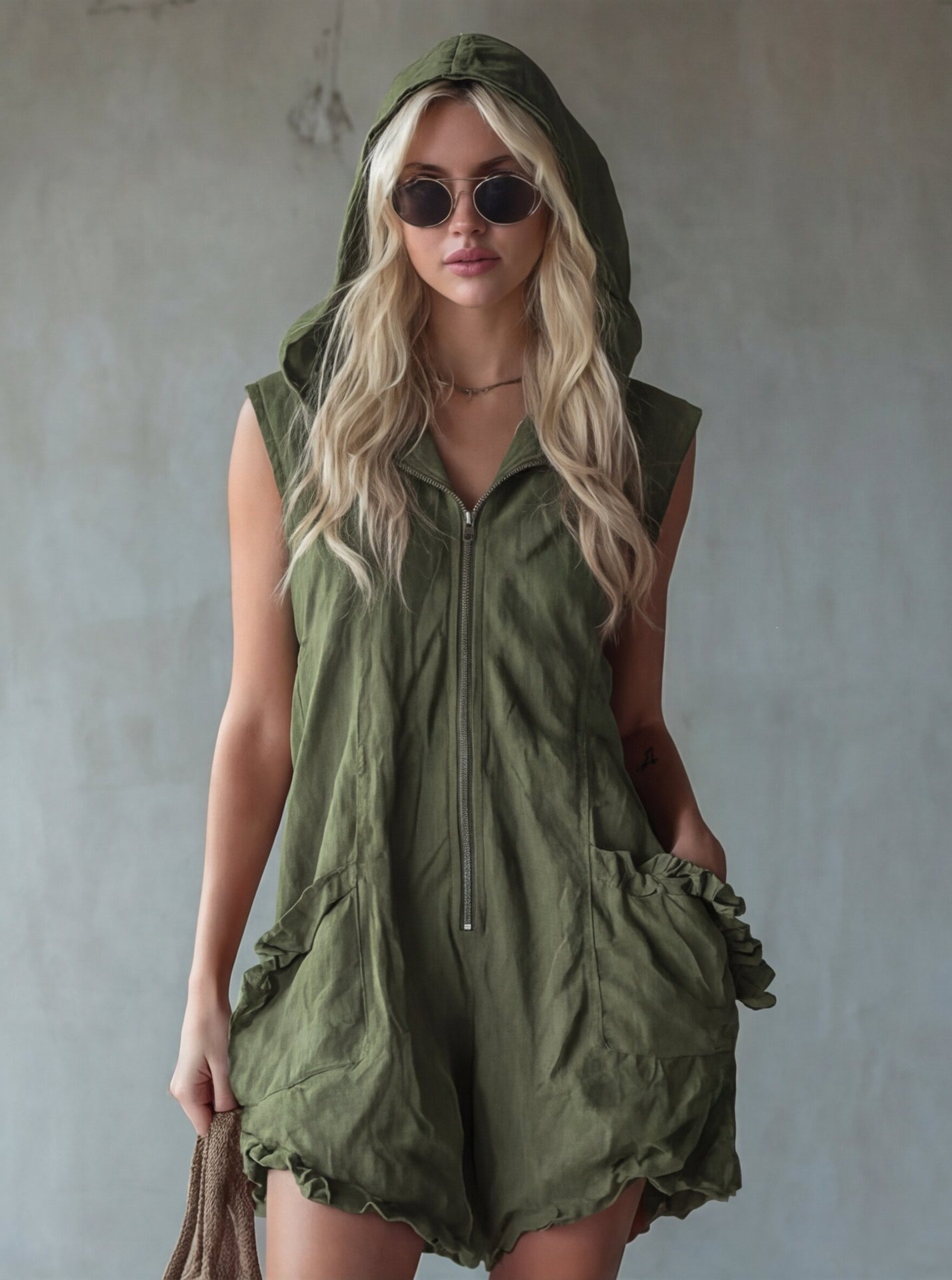 Women's Retro Hooded Jumpsuit in White – zip-up sleeveless cropped cotton linen casual