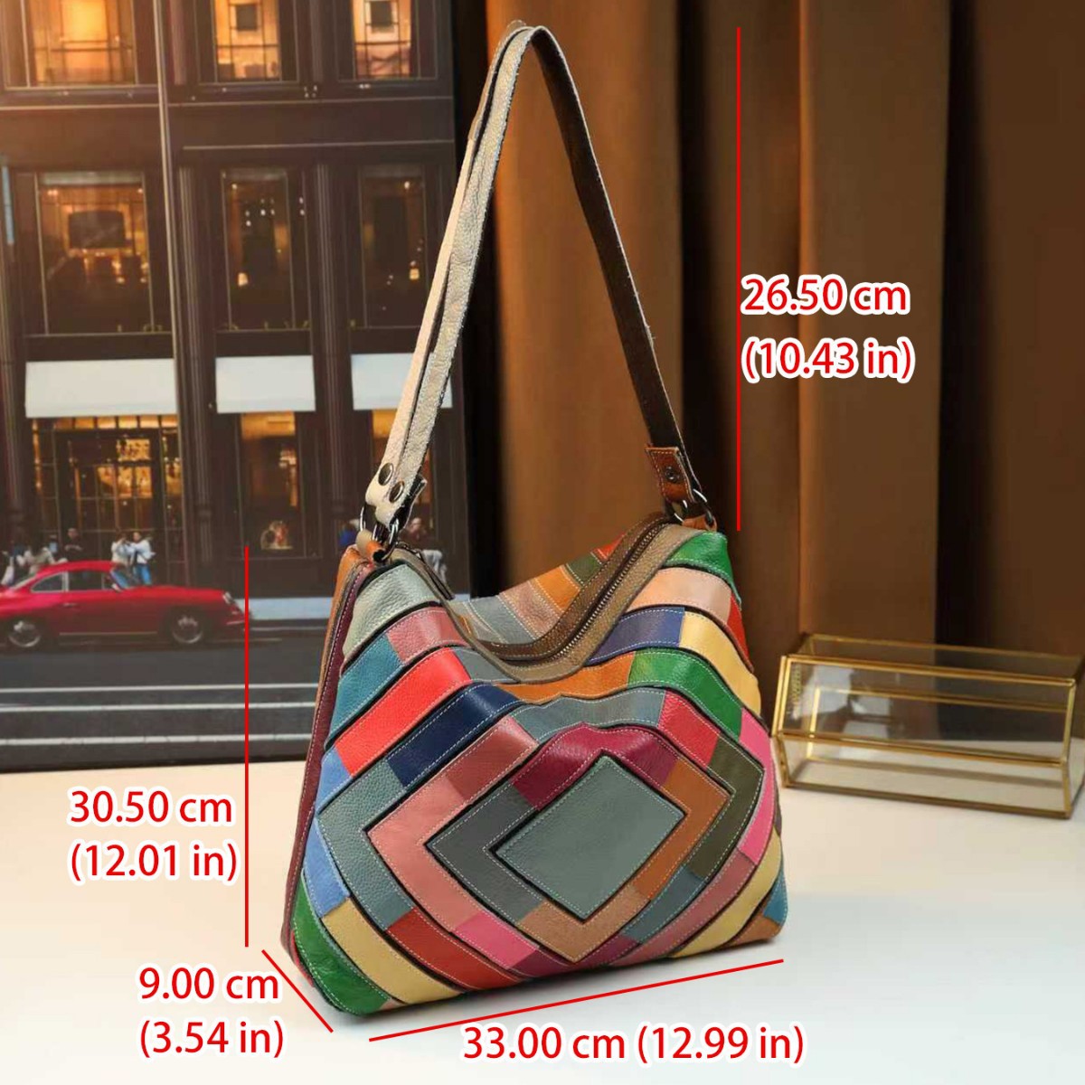 Geometric Grid Leather Patchwork Colorful Shoulder Bag