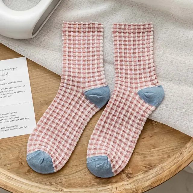 Checkerboard Color blocked Mid calf Cotton Sweat absorbing Long Socks Pink With Small Cells - Shop at LoveMi