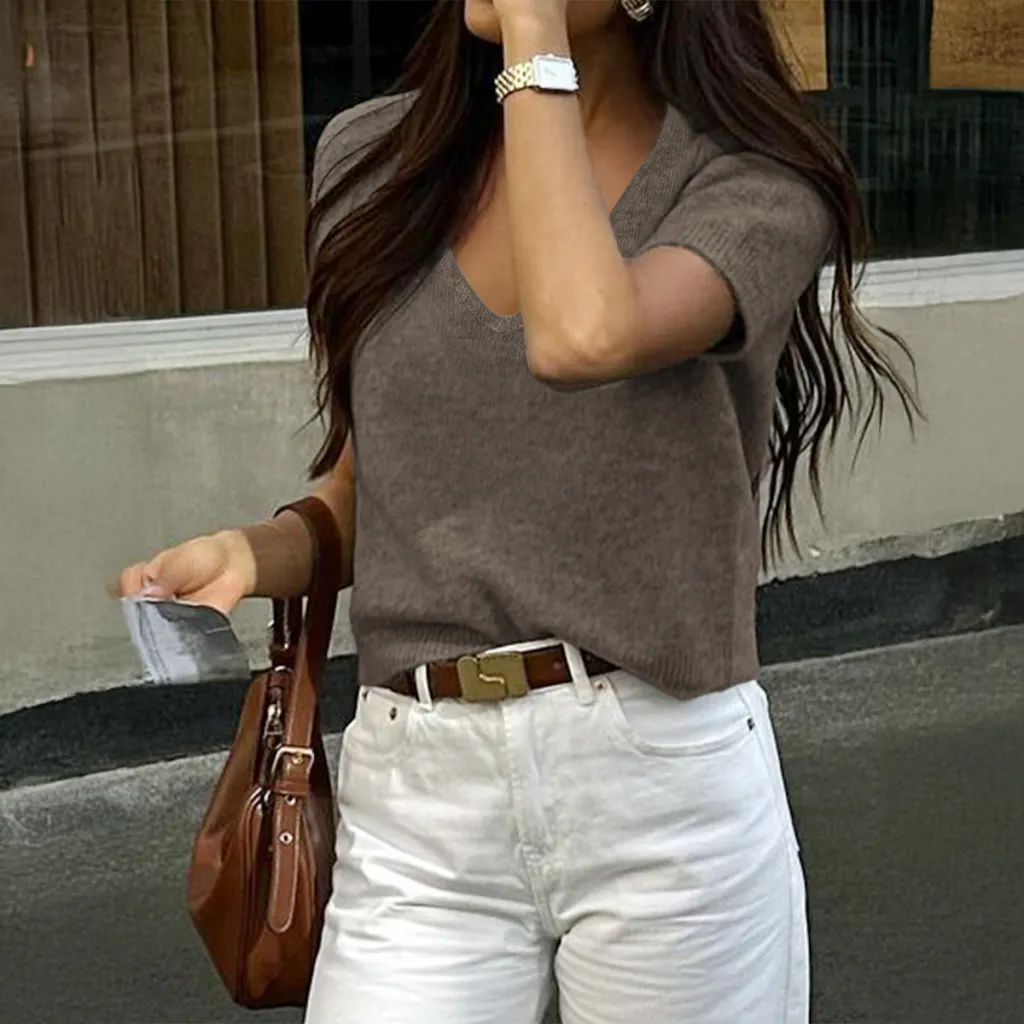 Casual Style Woolen Short-sleeved T-shirt Women's Sweater - Camel