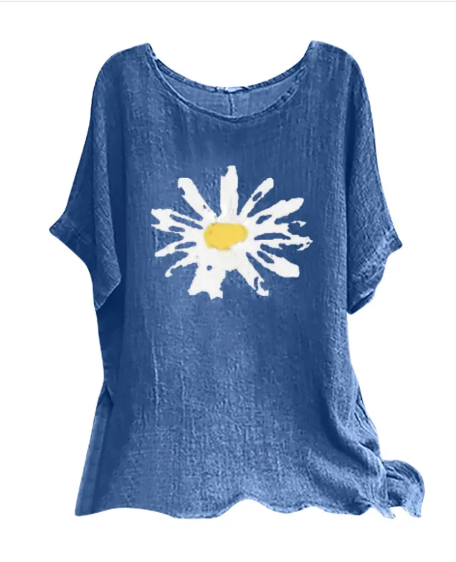 Loose Plus Size Casual Cotton Blend Short Sleeve Women's Top T shirt Blue - Shop at LoveMi