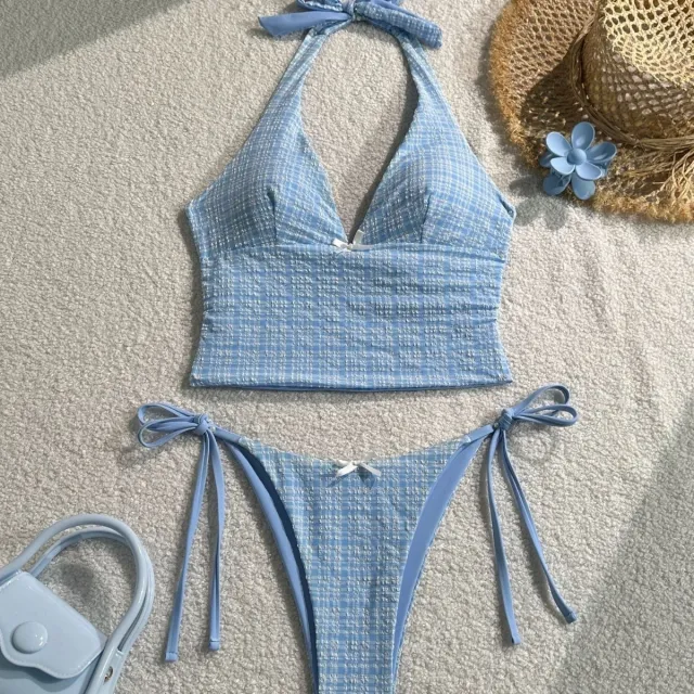Plaid Collar Sleeveless Slim Fit Top Drawstring Short Lace Pants Suit Women's Swimsuit Blue - Shop at LoveMi