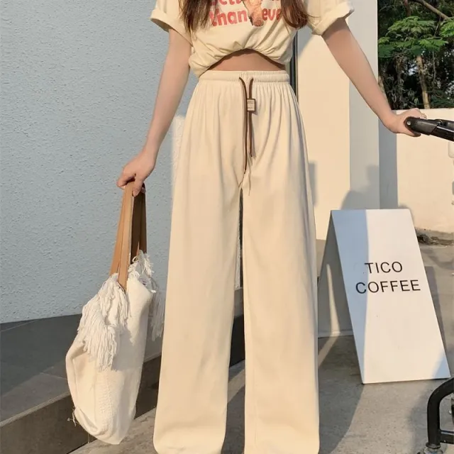 Corduroy Double Drawstring Wide leg Pants Popular Women's Straight Loose High Waist Beige - Shop at LoveMi