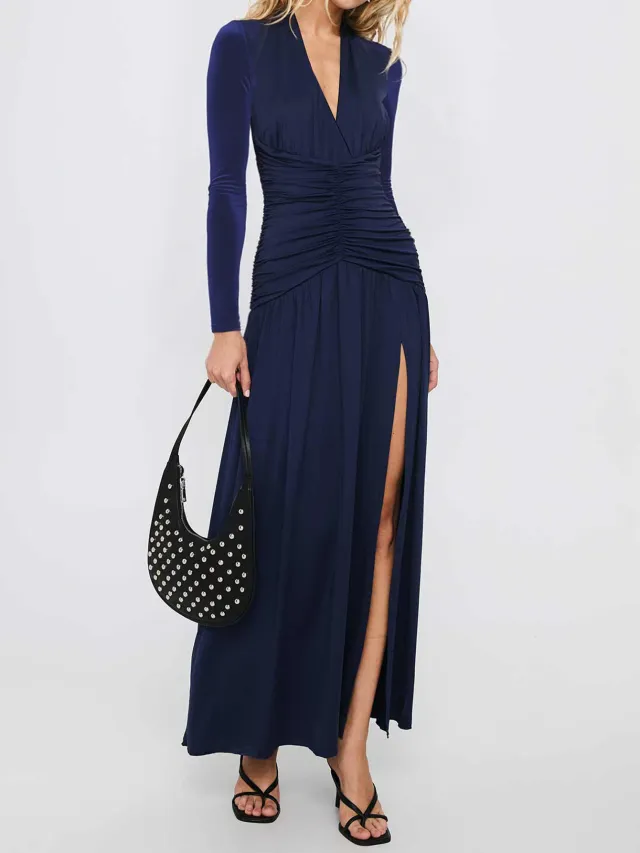 European And American Elegant Deep V Long Sleeve Skirt Navy - Shop at LoveMi