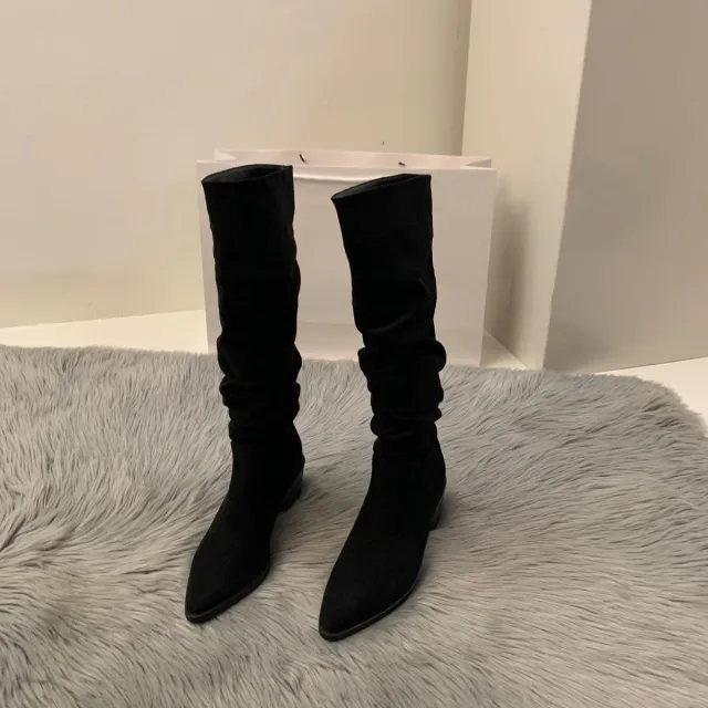 High Heel Suede Western Overknee Boots Women's Shoes Plus Velvet Pointed Pile Style Long Tube Black - Shop at LoveMi