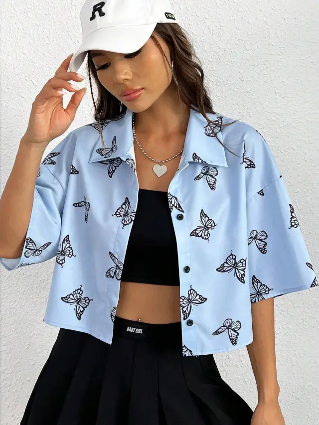 Fashion Butterfly Print Shirt Women's Clothing Azure M - Shop at LoveMi