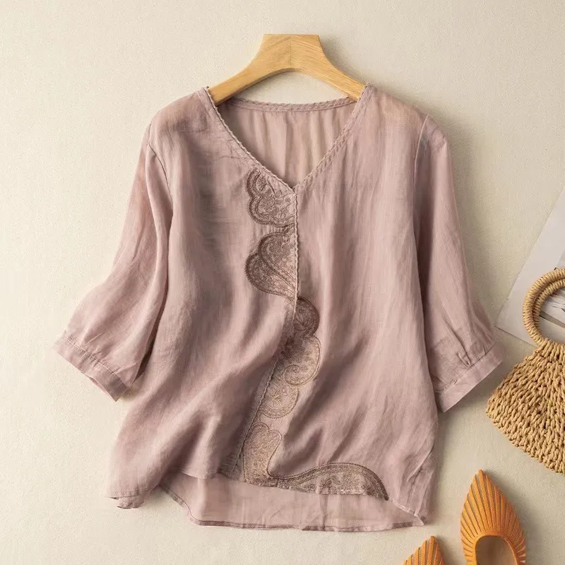 Women's Fashionable Simple Embroidered Ramie Shirt Top - Cameo Brown
