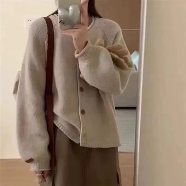 Autumn And Winter Simplicity Pure Color All matching Vintage Knitted Cardigan Loose And Lazy Style Sweater Coat Camel - Shop at LoveMi