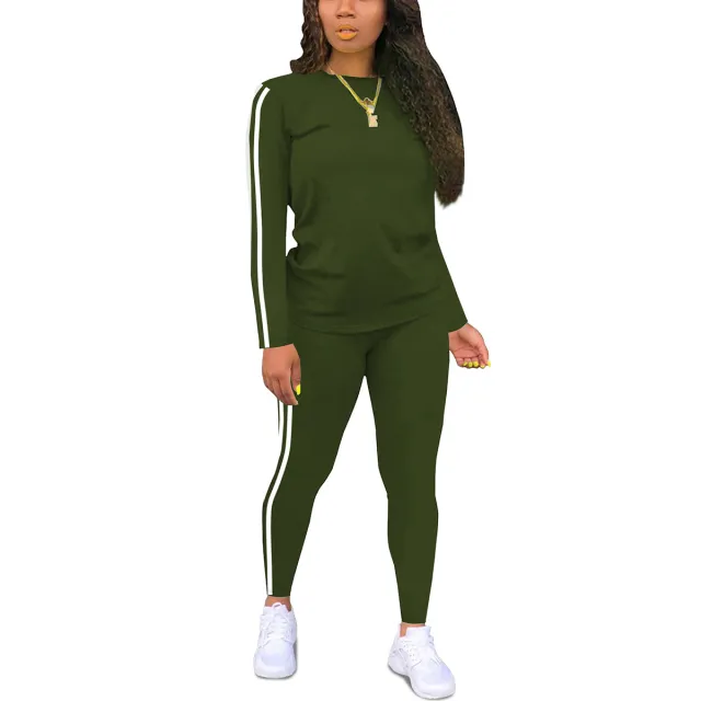 Women's Round neck Long sleeve Top And Pants Two piece Set Dark Green - Shop at LoveMi
