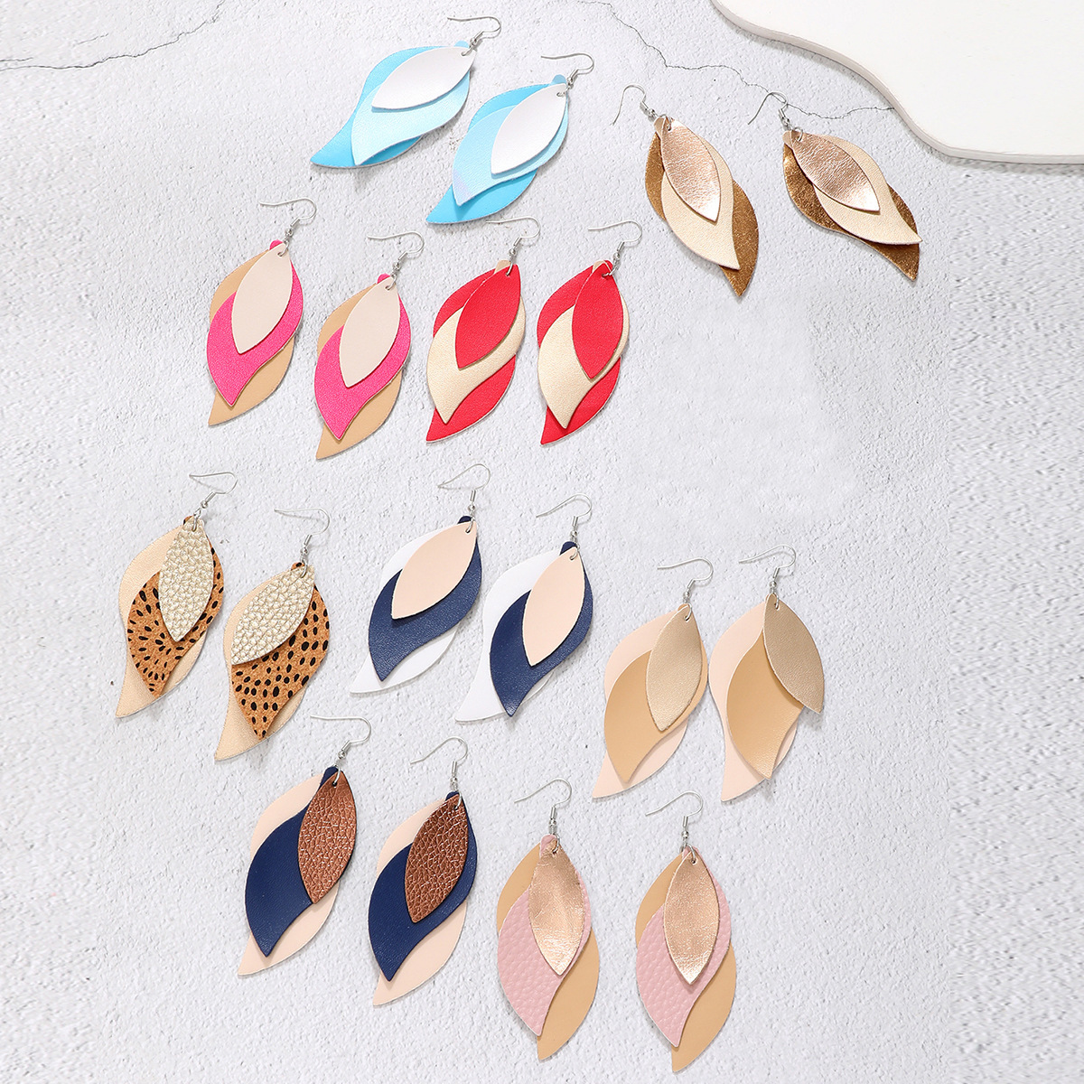 Three-layer Leaf Shape Leather PU Earrings