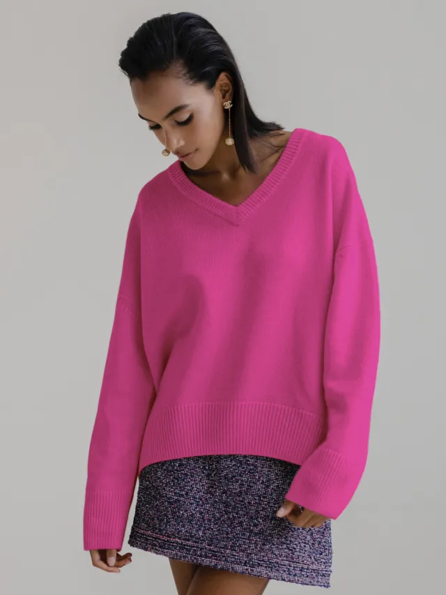 Internet Hot Sweater V neck Loose Long Sleeve Rose Red - Shop at LoveMi