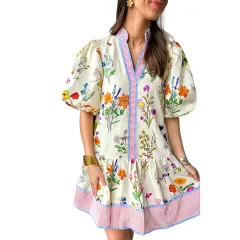 Fashionable All-match Floral Print Puff Sleeve Dress - Floral - View 1