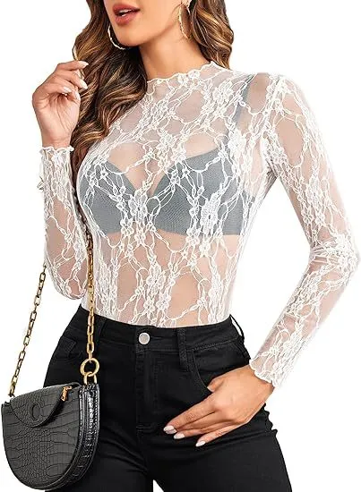 Women's Lace Blouse Long Sleeve Transparent Shirt White - Shop at LoveMi