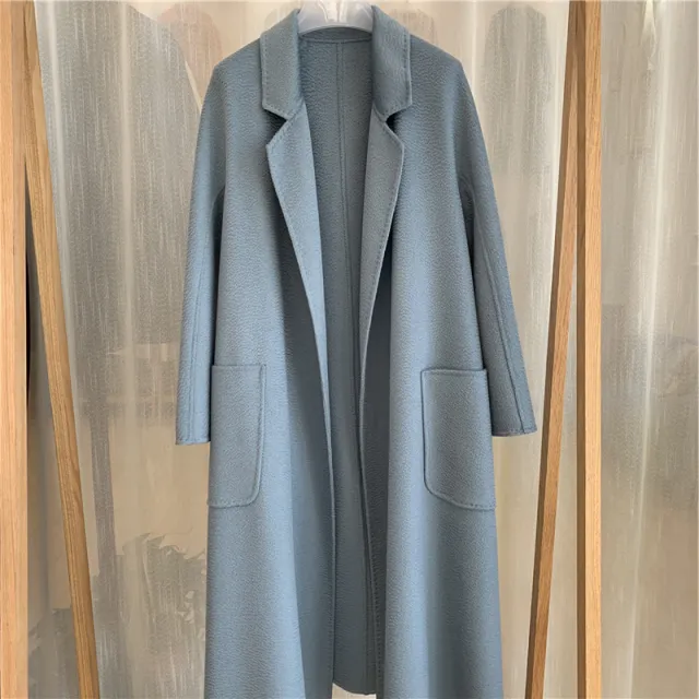 Water Ripple Cashmere Women's Long Reversible Cashmere Coat Water Blue - Shop at LoveMi