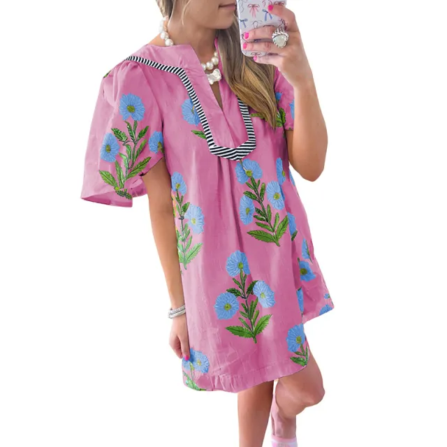 European And American Fashion Flower Printing Puff Sleeve Dress Rose Red - Shop at LoveMi