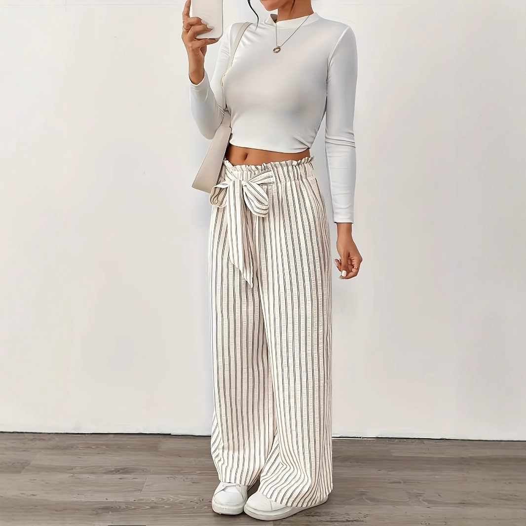 Womens Casual Striped Straight-leg Pants With An Adjustable Bow-tie Waistband