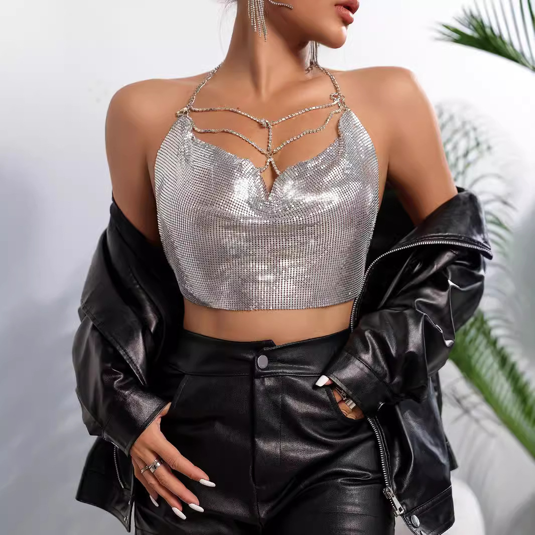 Club Low-cut Backless Sequined Chain-strapped Camisole