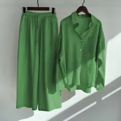 Cross-border Women's Ancient Cotton And Linen Shirt Outfit High Waist Loose Trousers - Fluorescent Green - View 1