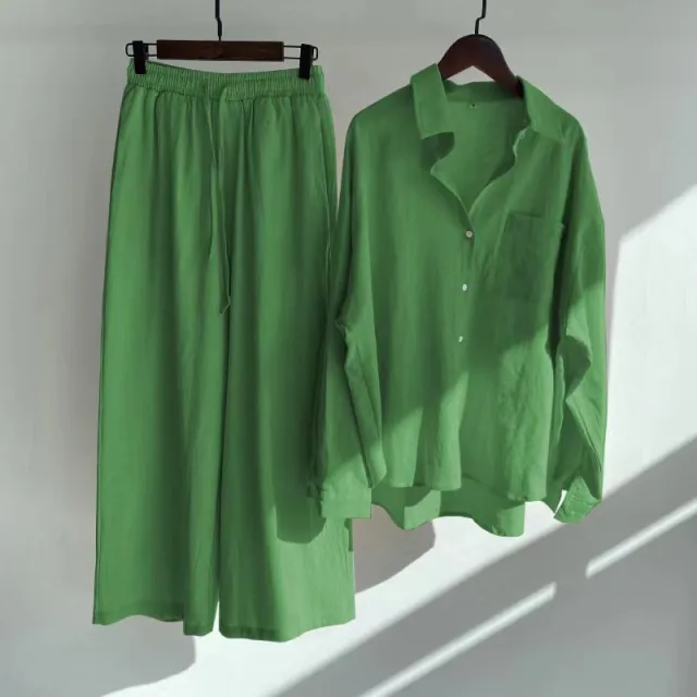 Cross border Women's Ancient Cotton And Linen Shirt Outfit High Waist Loose Trousers Fluorescent Green - Shop at LoveMi