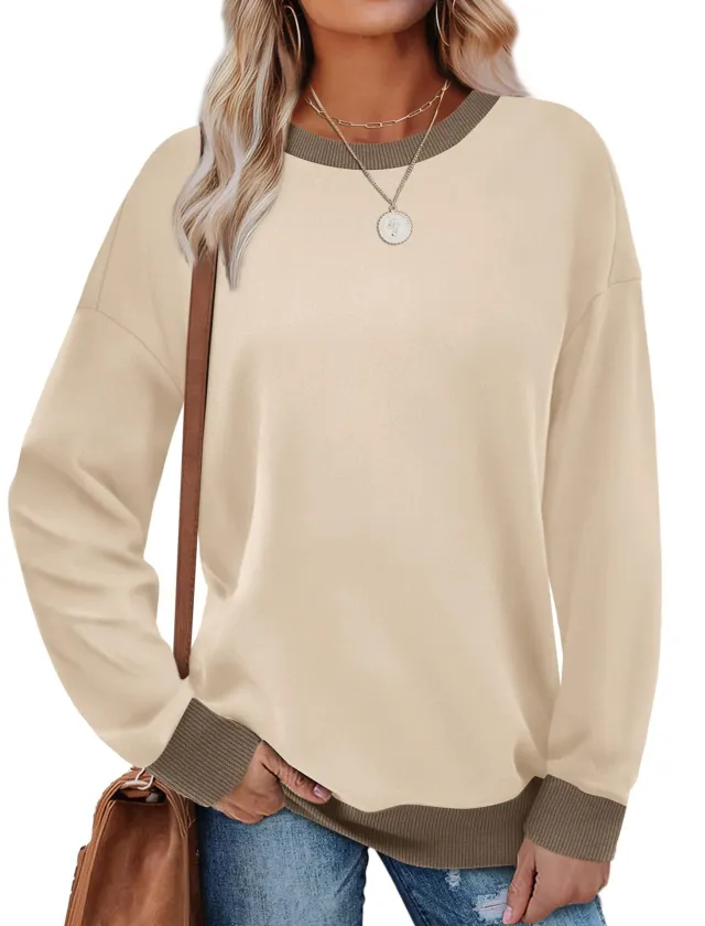 Loose Round Neck Striped Long sleeved Top Women Apricot - Shop at LoveMi