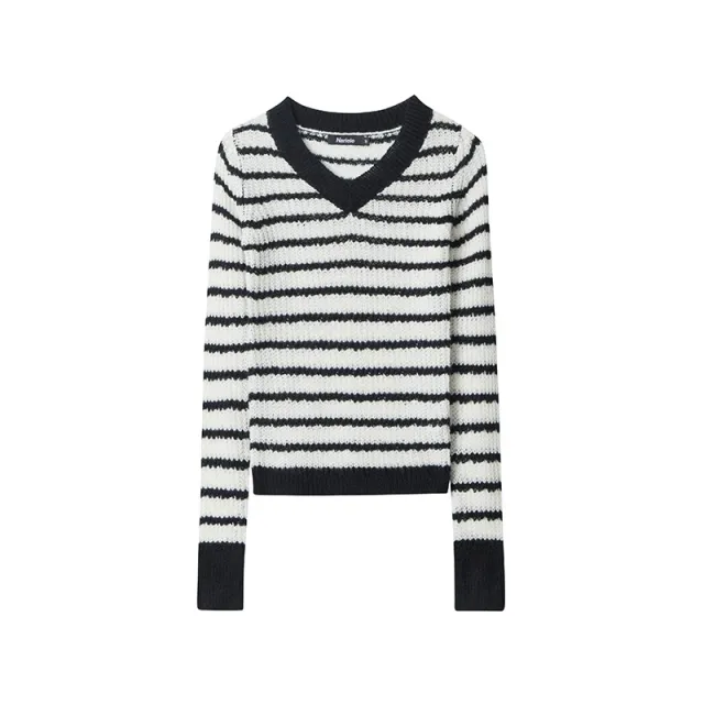 European And American V neck Striped Design Minority Style New Long Sleeve Contrast Color Sweater Apricot - Shop at LoveMi