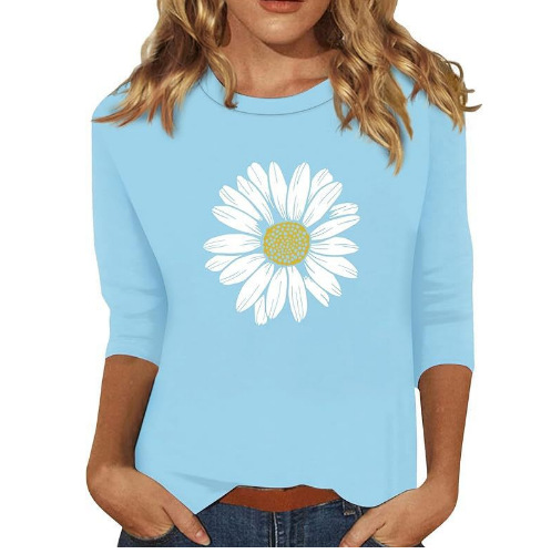 New Women's Clothing Round Neck 34 Sleeves Loose Print T shirt 0070 Style - Shop at LoveMi