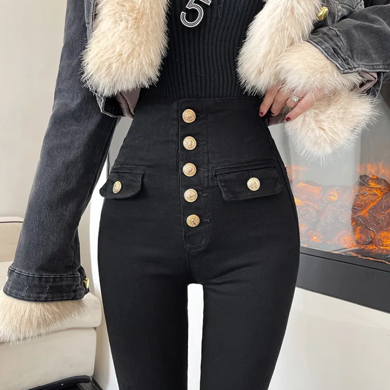 Slimming Stretch Tight Pants Skinny Pants Pencil Pants Trousers - Row Buckle Black