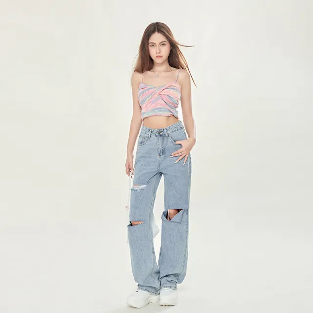 Women's High Waist Light Blue Ripped Wide legged Jeans Light Blue Lengthened - Shop at LoveMi