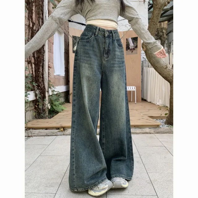 American Retro Straight Wide Leg Jeans Retro Blue Pants - Shop at LoveMi