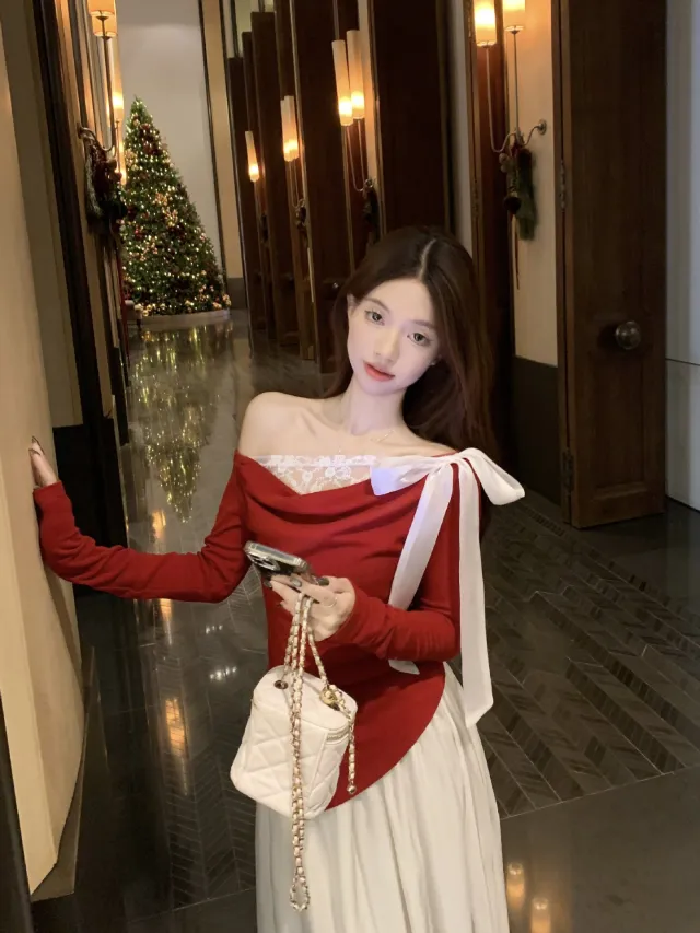 Autumn And Winter Temperament Lace Stitching Coat Red - Shop at LoveMi