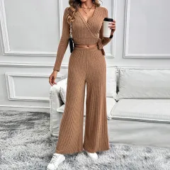 Solid Colour Texture Basic All-matching Ladies Two-piece Set - Coffee Brown - View 1