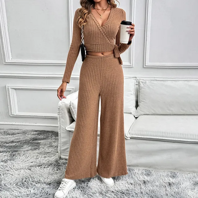 Solid Color Texture Basic All matching Ladies Two piece Set Coffee Brown - Shop at LoveMi