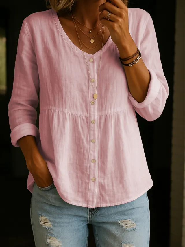 Casual Loose Fashion Cotton And Linen Long Sleeve V neck Buttons Shirt Pink - Shop at LoveMi