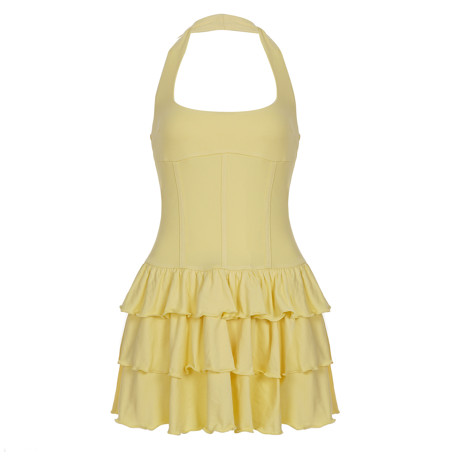 Pure Desire Small Sexy U Collar Halter High Waist Cake Dress Vacation Style Yellow - Shop at LoveMi