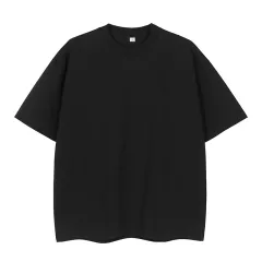 Double Yarn Short Sleeve Sweat-absorbing Cotton T-shirt Top - Black - View 1